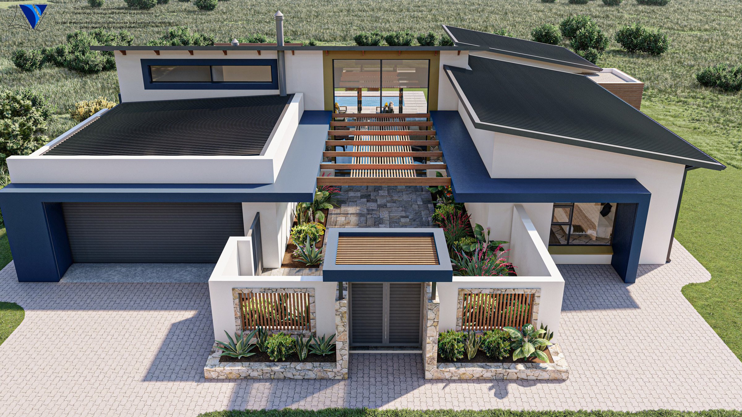 Aerial view of a home with a timber pergola over the entrance courtyard