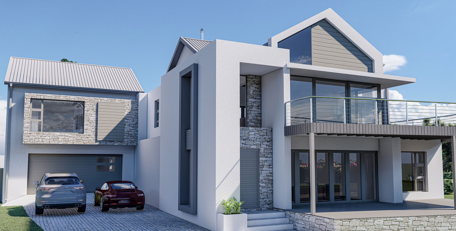 Modern double-storey house with a stone feature wall and double garage