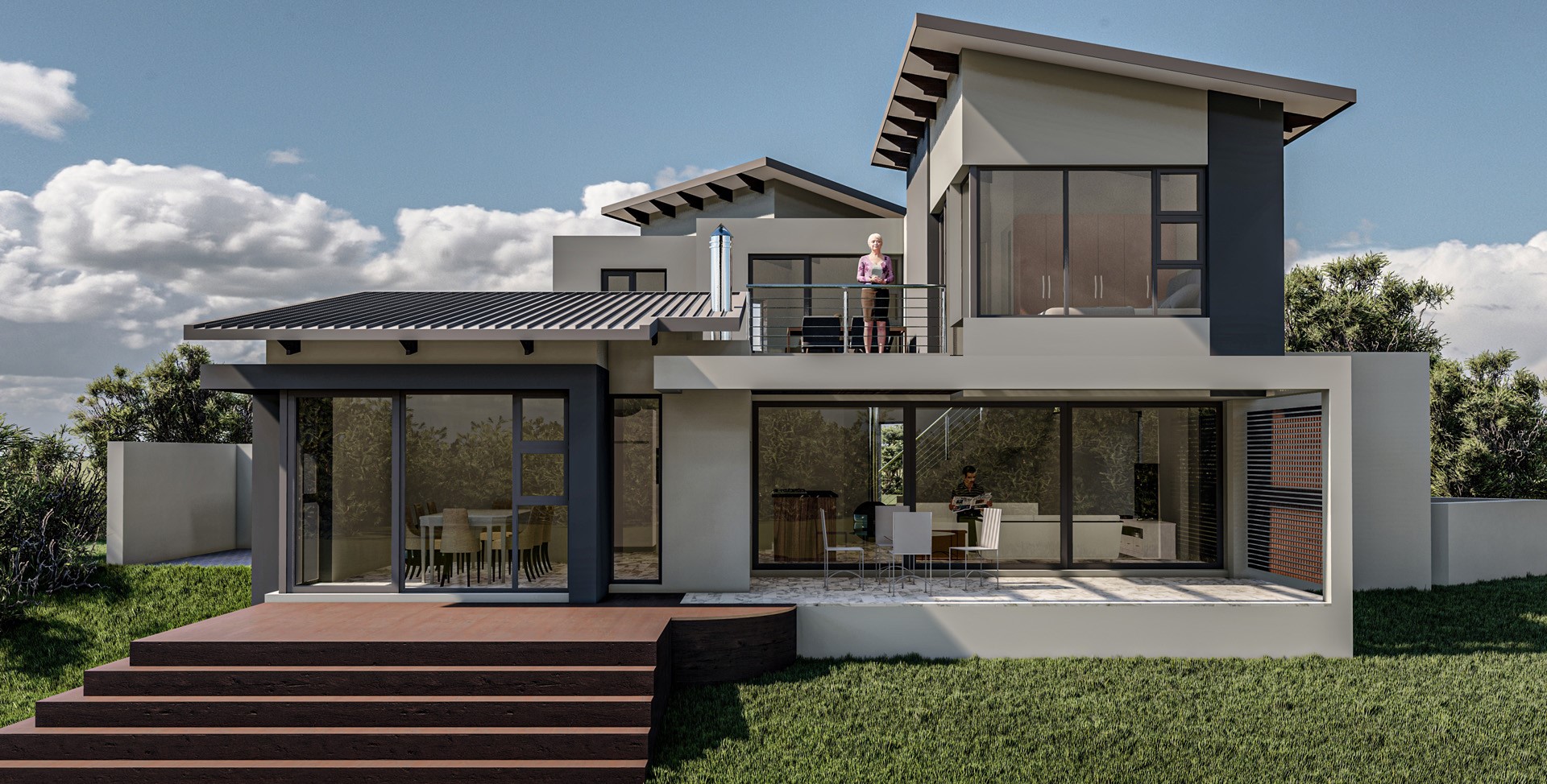 Double-storey home with a balcony and large glass doors