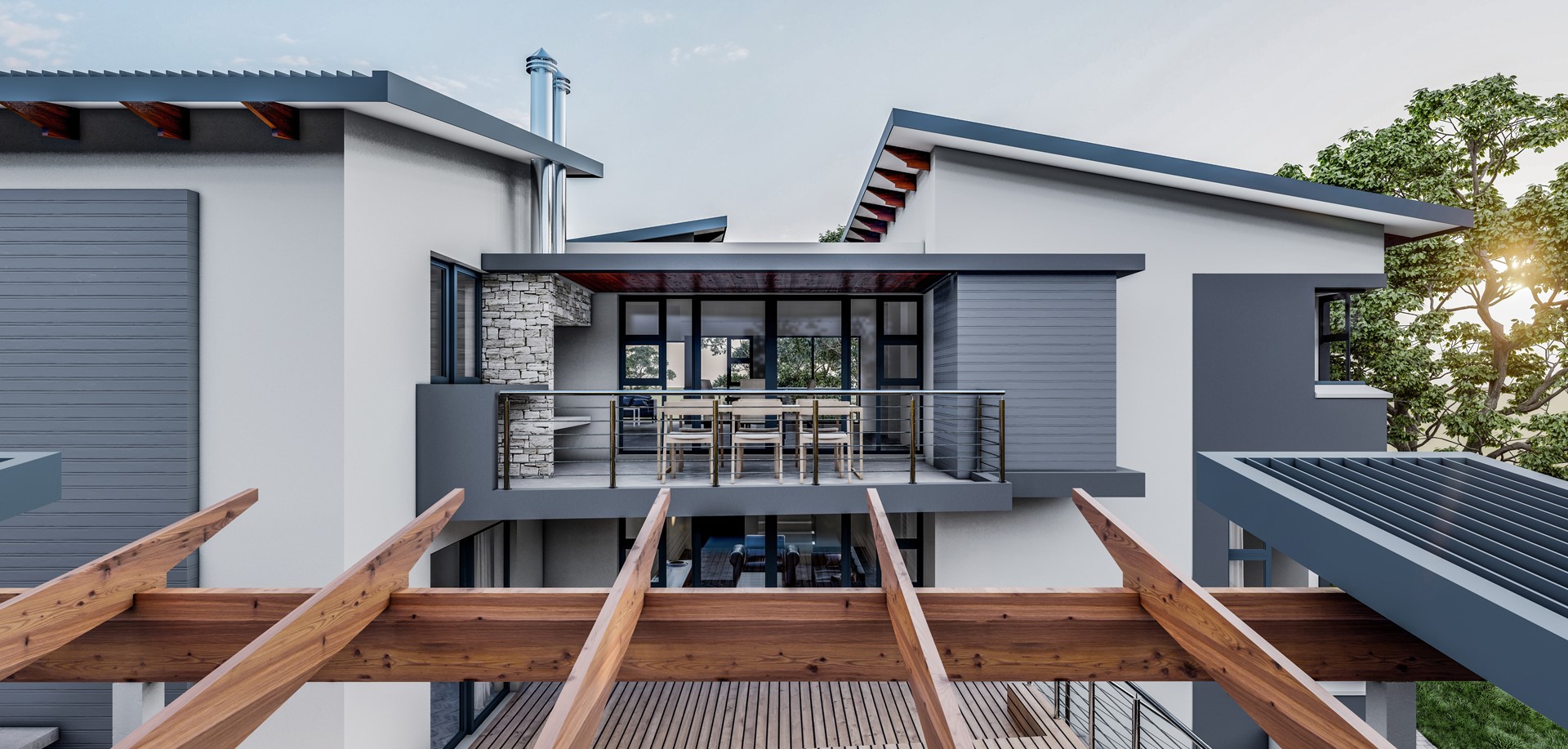 Double-storey home with a timber pergola and balcony