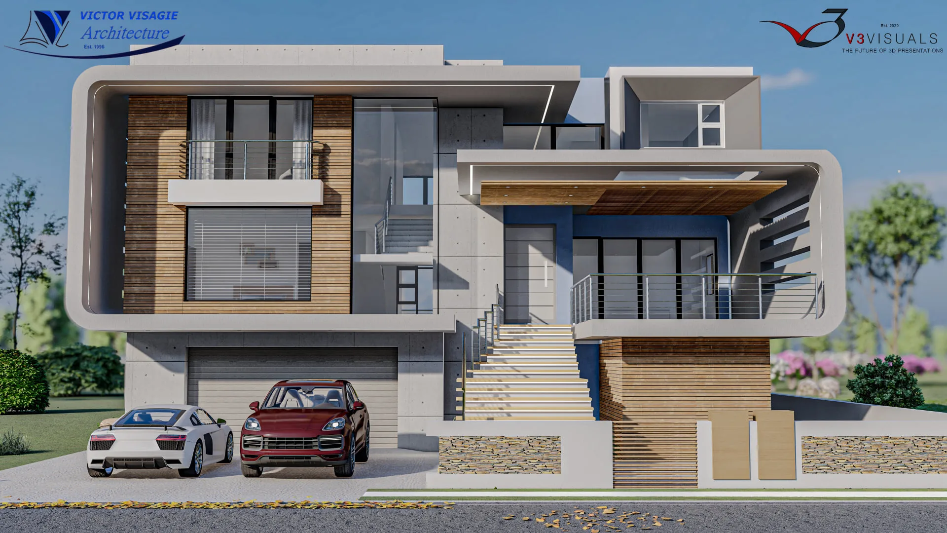 Modern home with a curved white frame and timber cladding