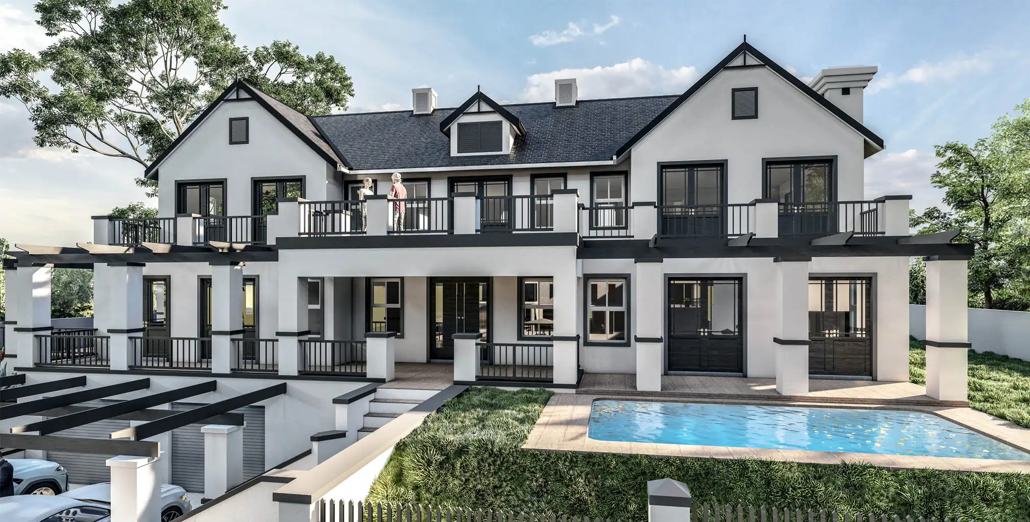 Large double-storey home with a pool and lawn