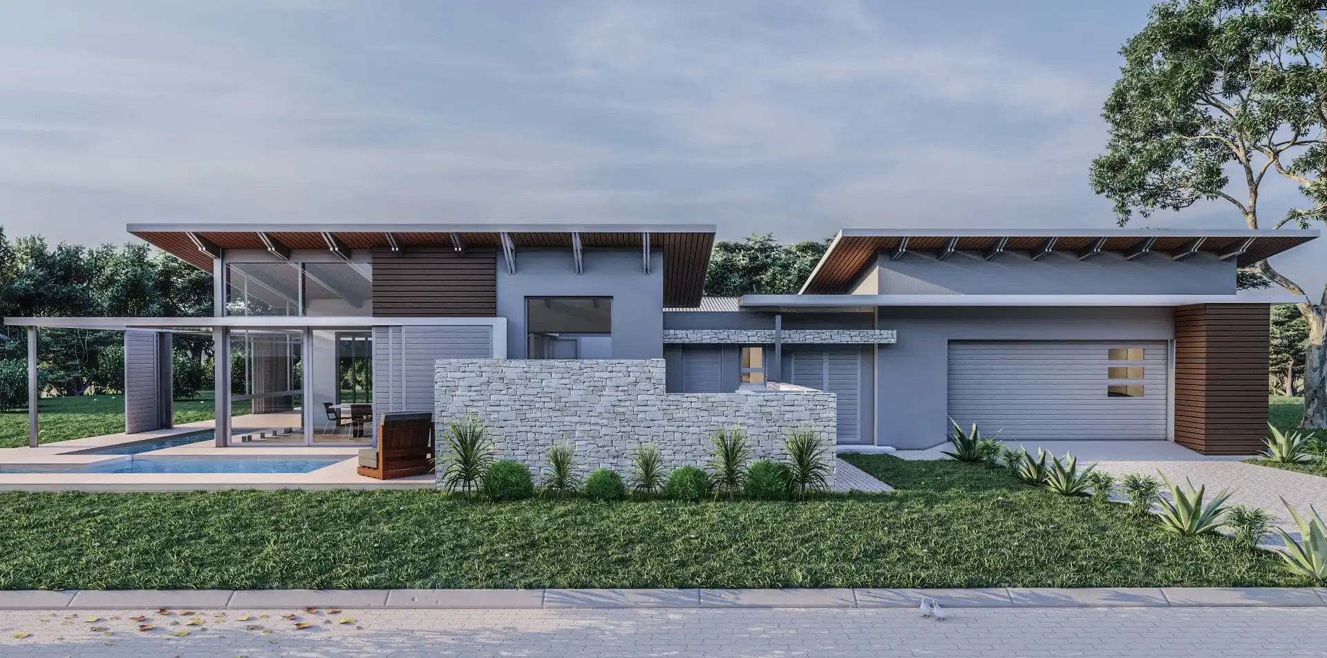 Single-storey home with a stone chimney and a pool