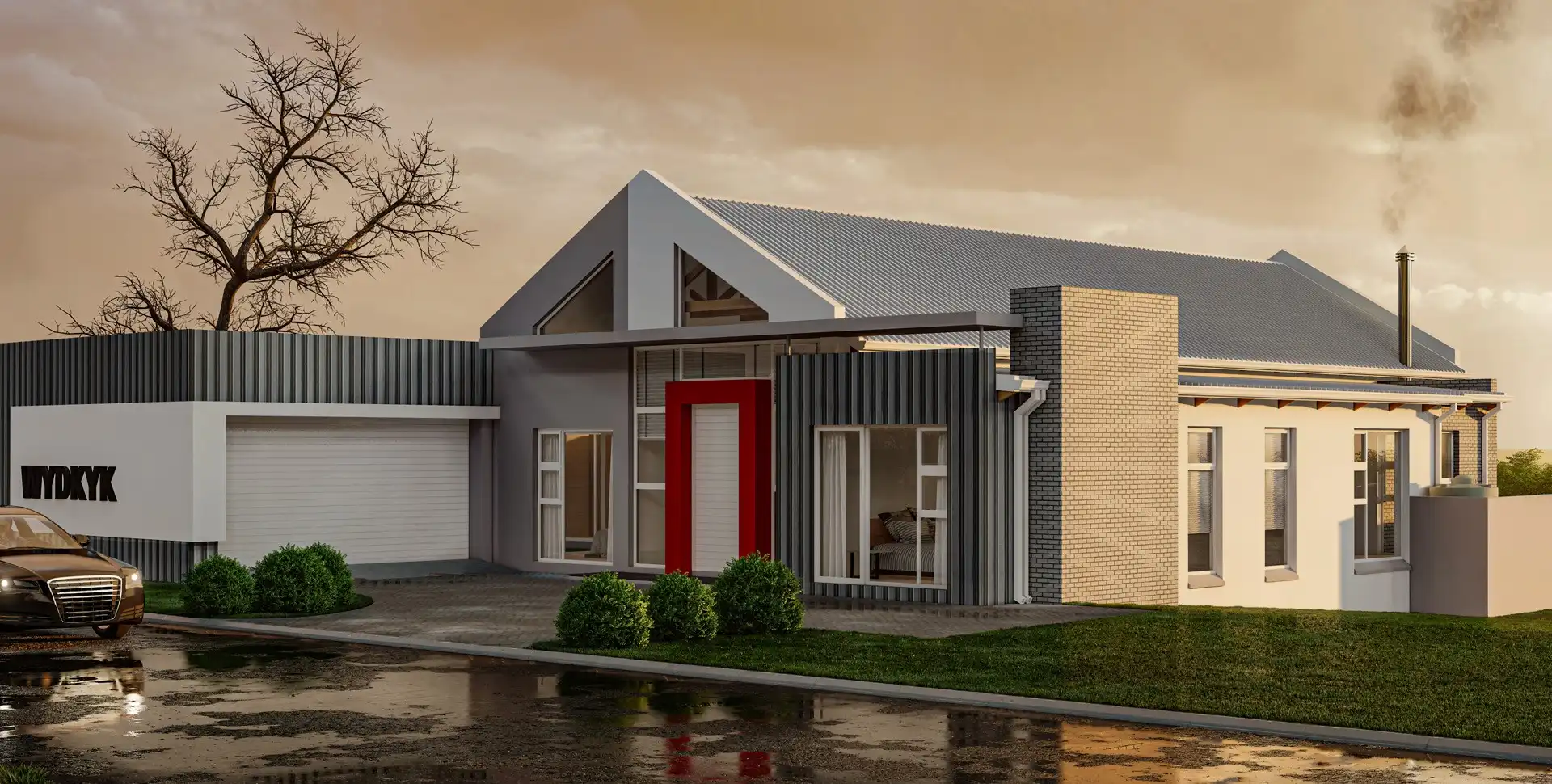 House with a red front door and twin gables