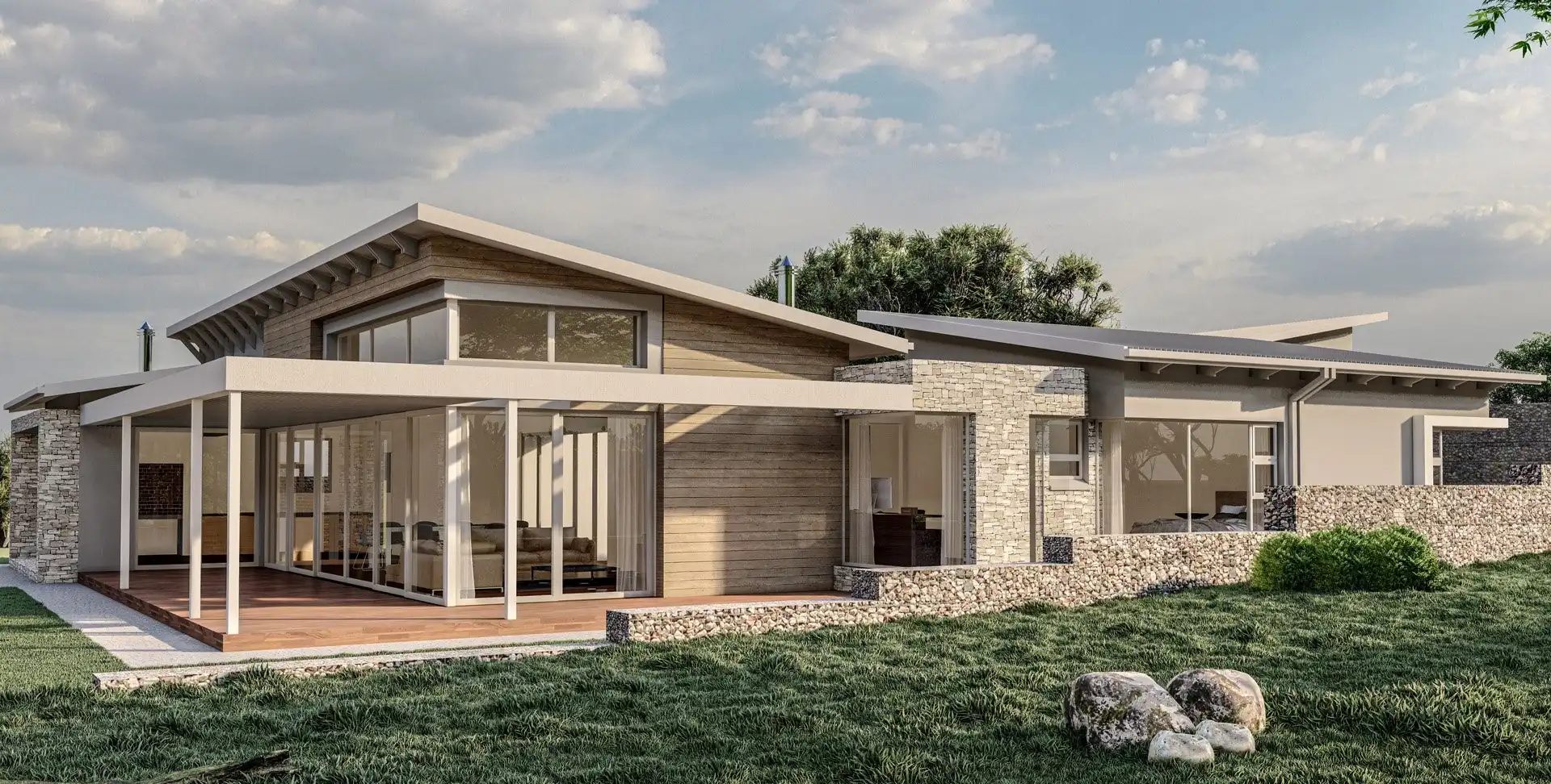 Single-storey house with a covered veranda on a grassy site