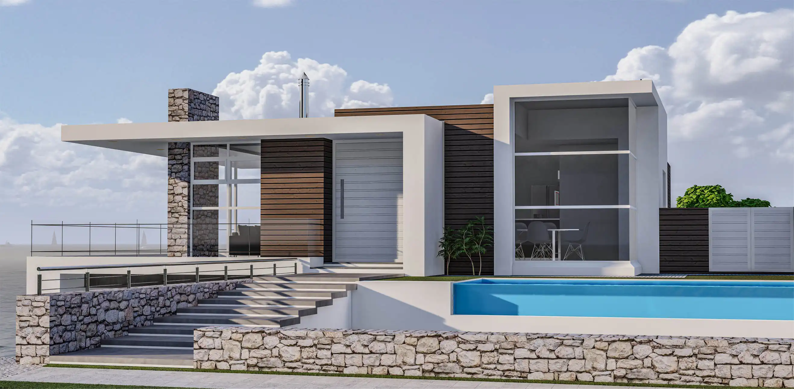 Contemporary house with a pool and a stone base