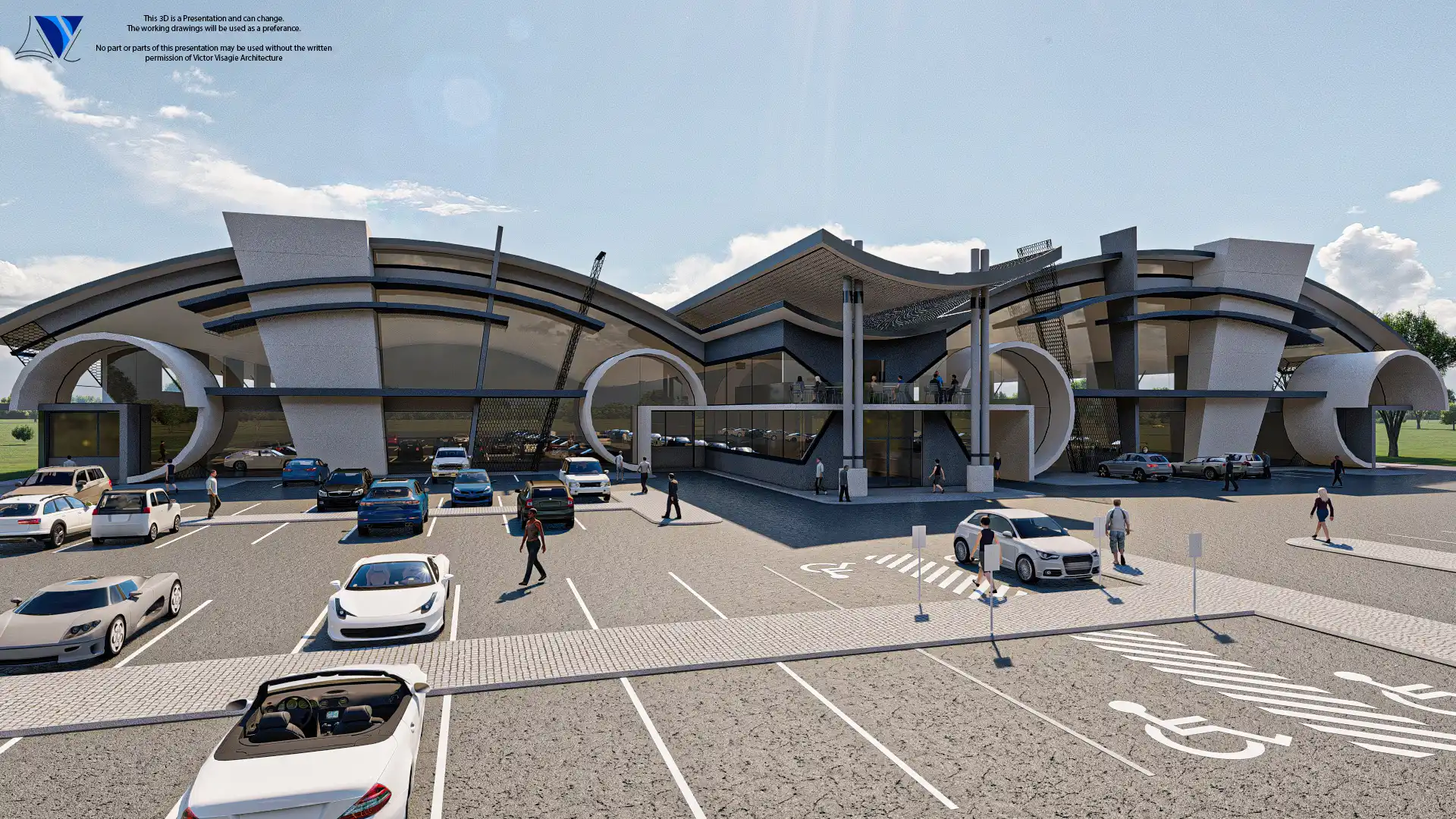 3D render of a shopping centre with a curved roof and parking