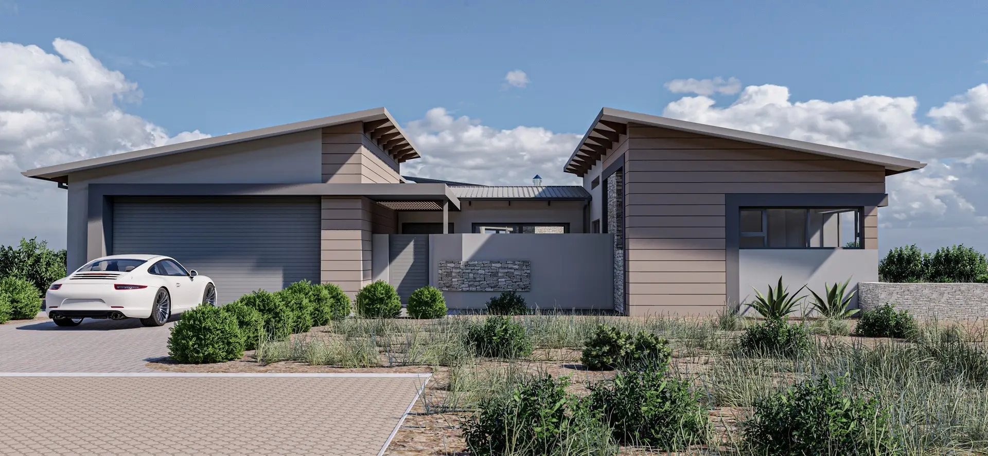 3D render of a single-storey home with a sports car in the driveway