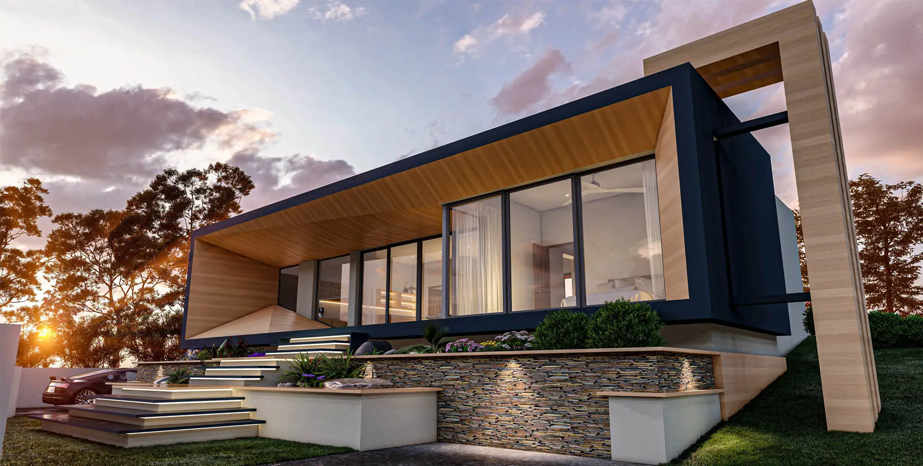 Contemporary house with a cantilevered roof at dusk