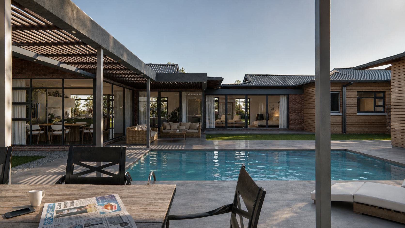 Covered patio beside a swimming pool at a home by Victor Visagie Architecture