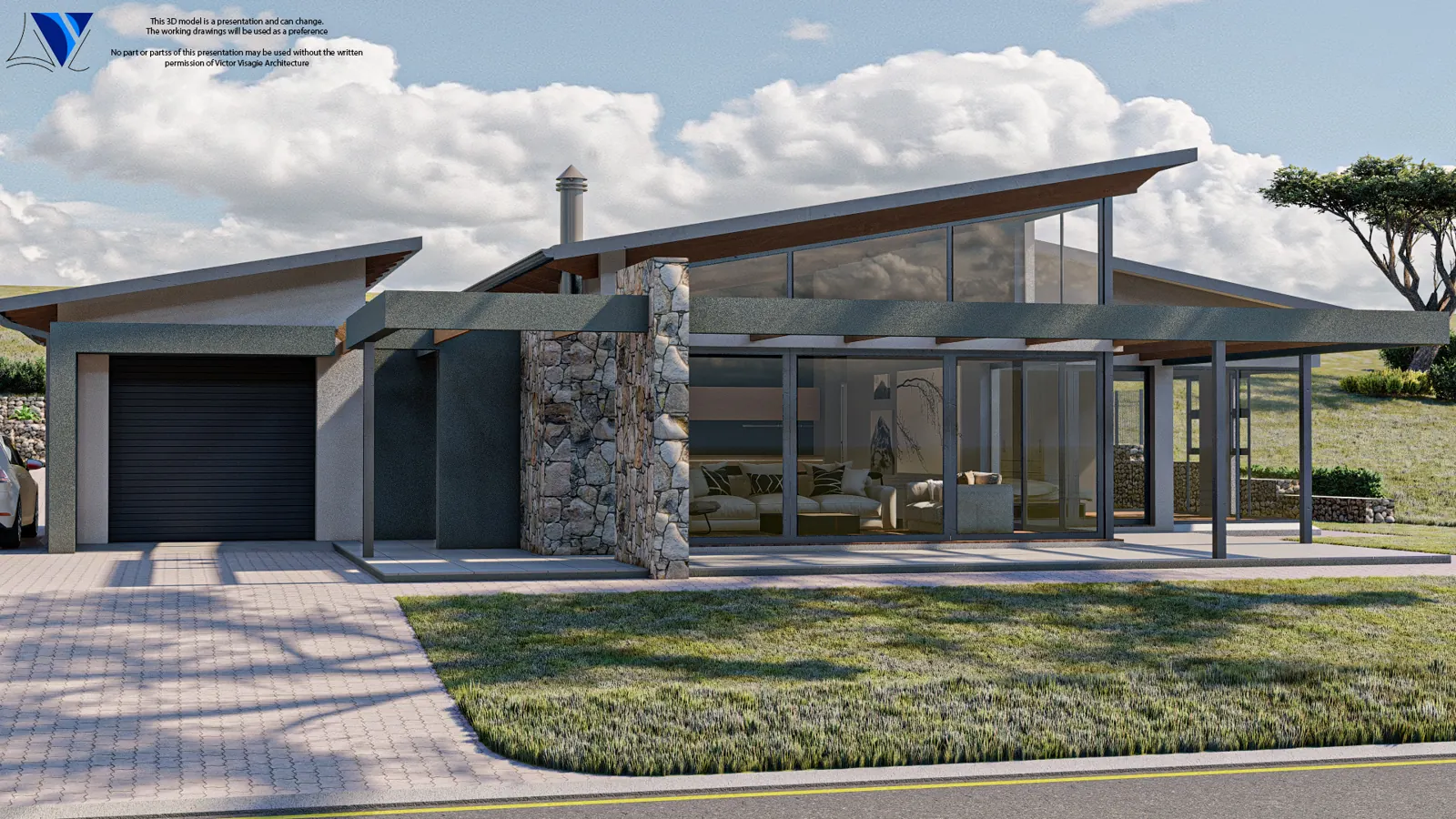 Huis Fourie, a single-storey home with a stone feature wall and mono-pitch roofs