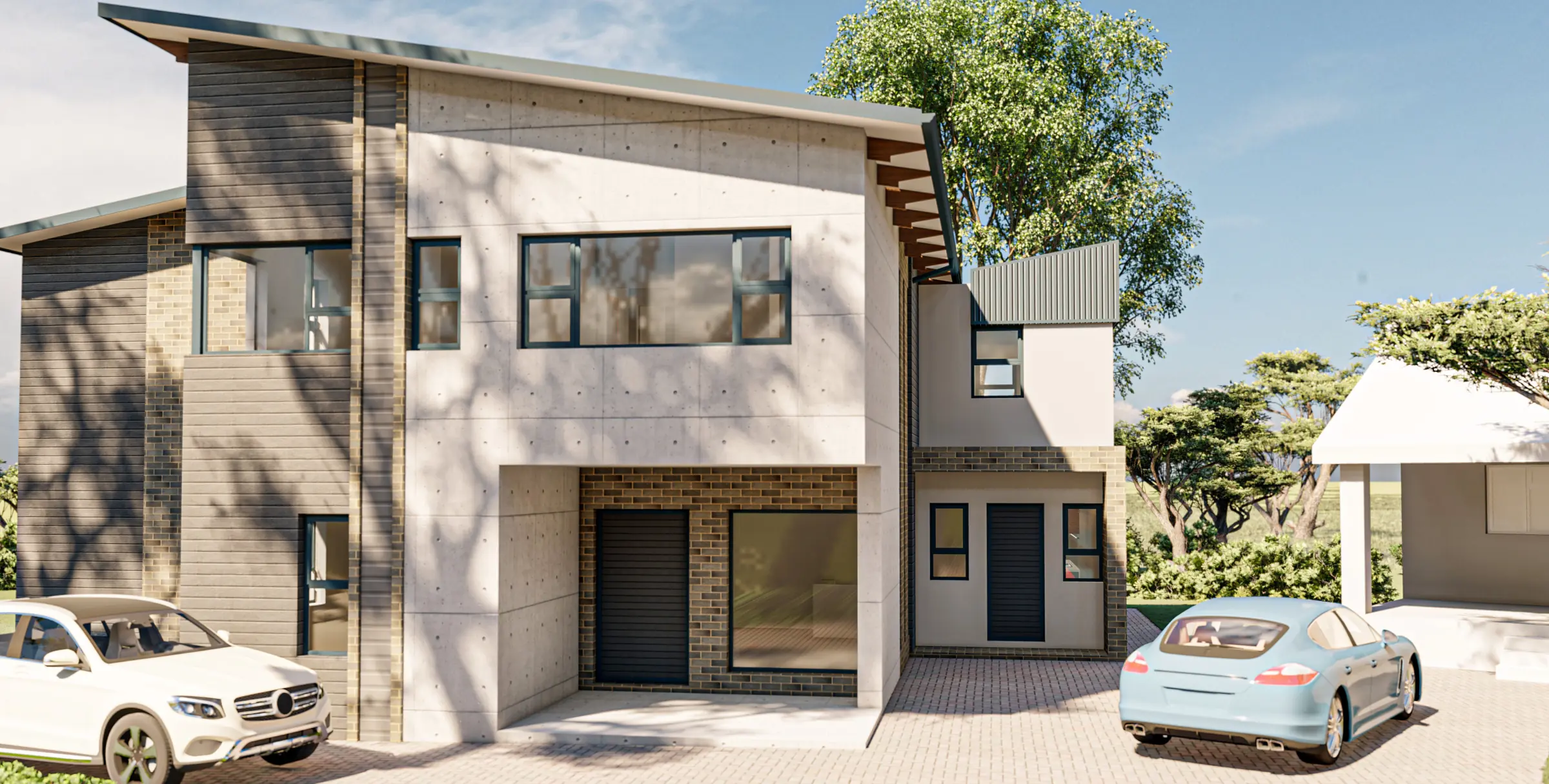 Front of House Labuschagne, a double-storey home in brick, render and timber