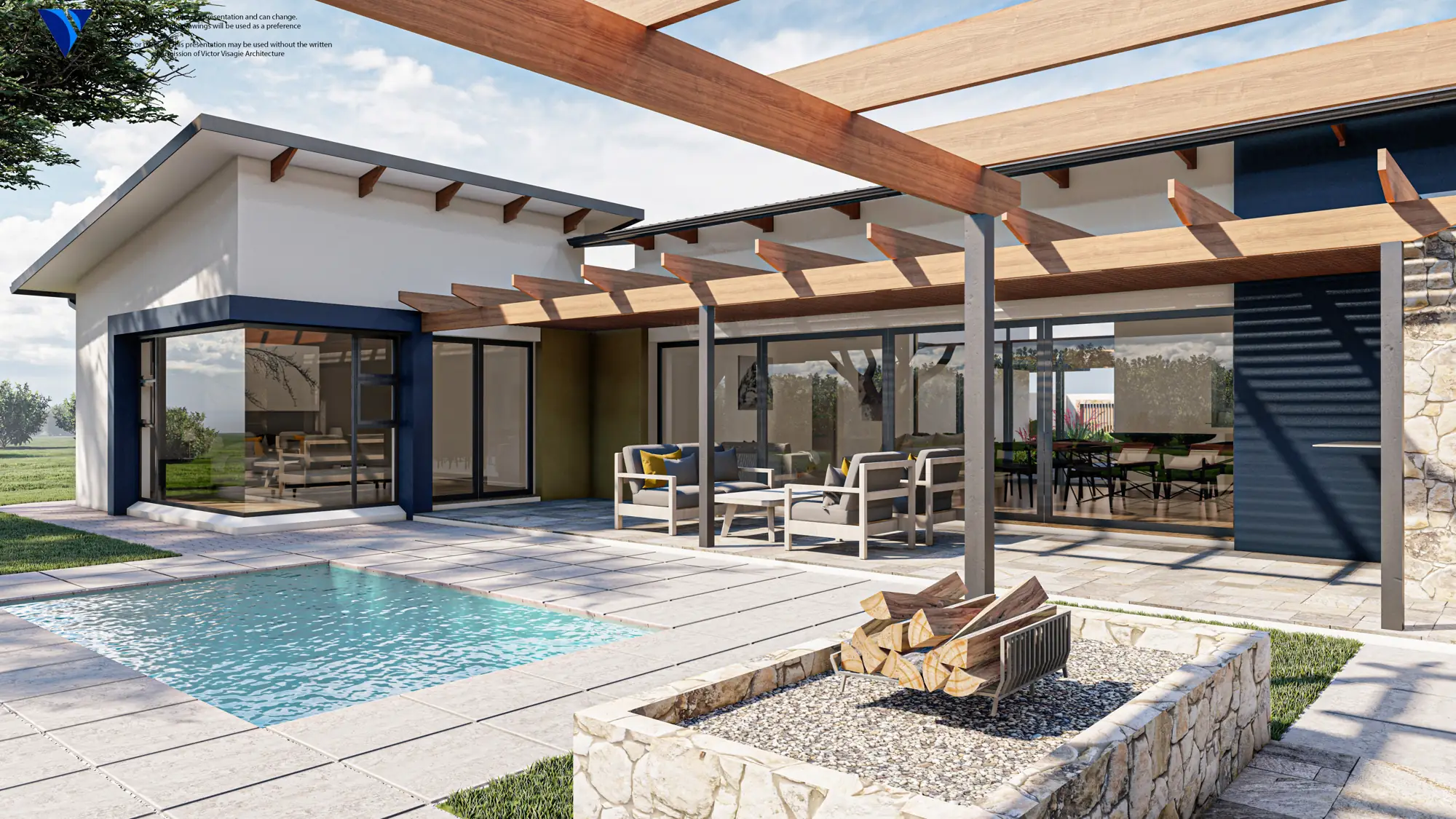 Pool terrace with a timber pergola and outdoor fireplace at Huis Payne