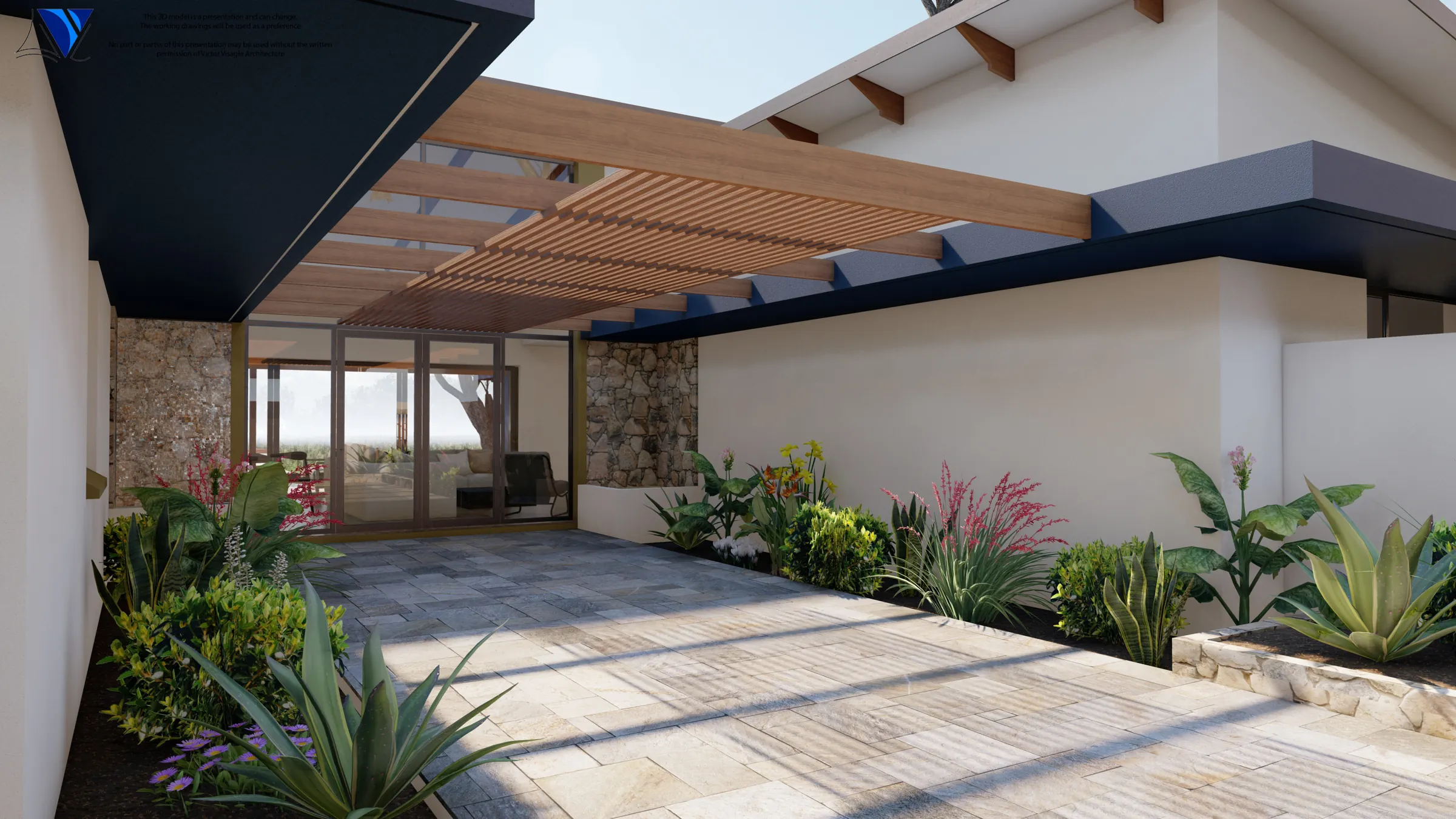 Entrance courtyard with a timber pergola and indigenous planting at Huis Payne