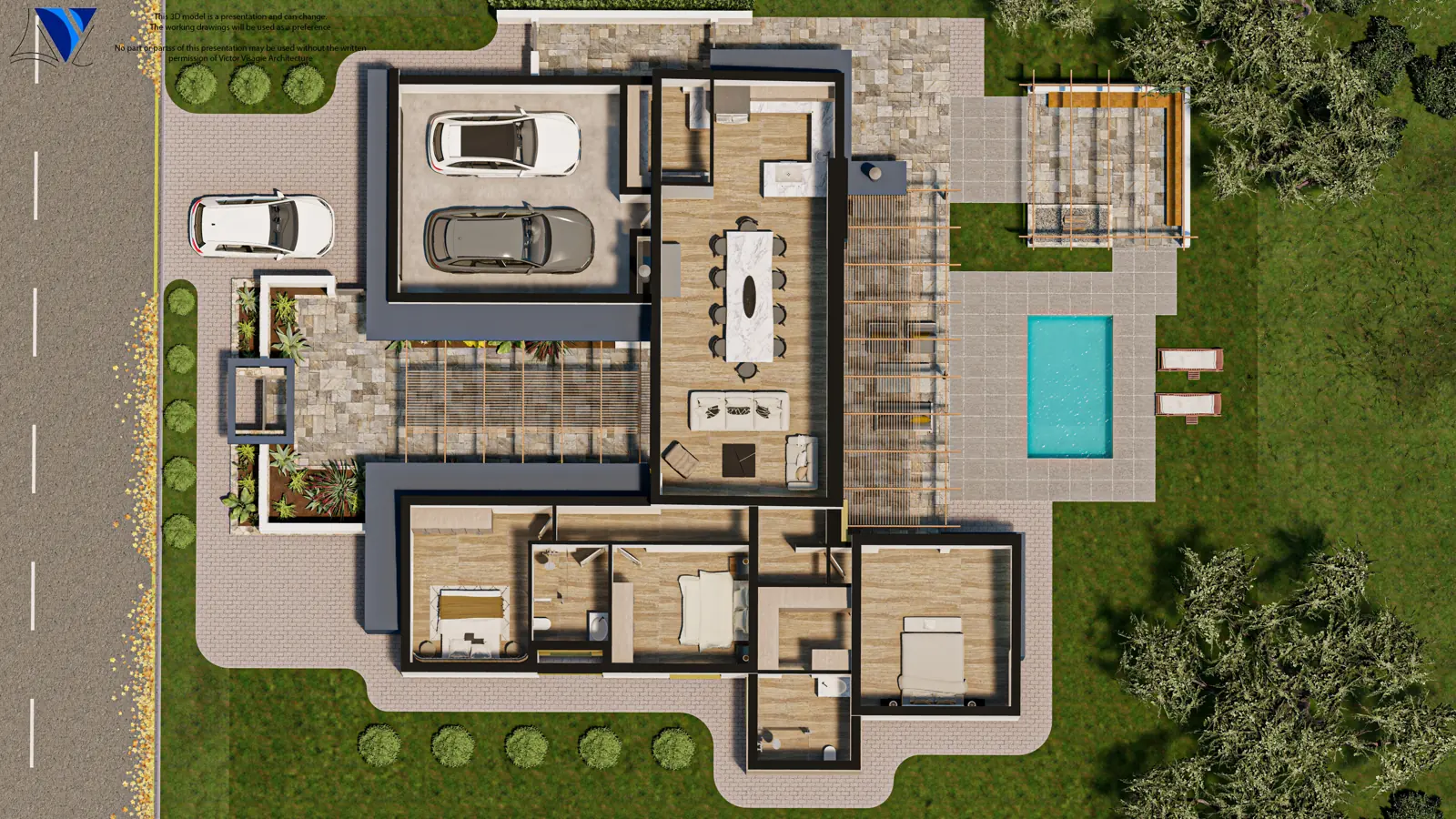 3D floor plan of Huis Payne showing the living areas, bedrooms and pool