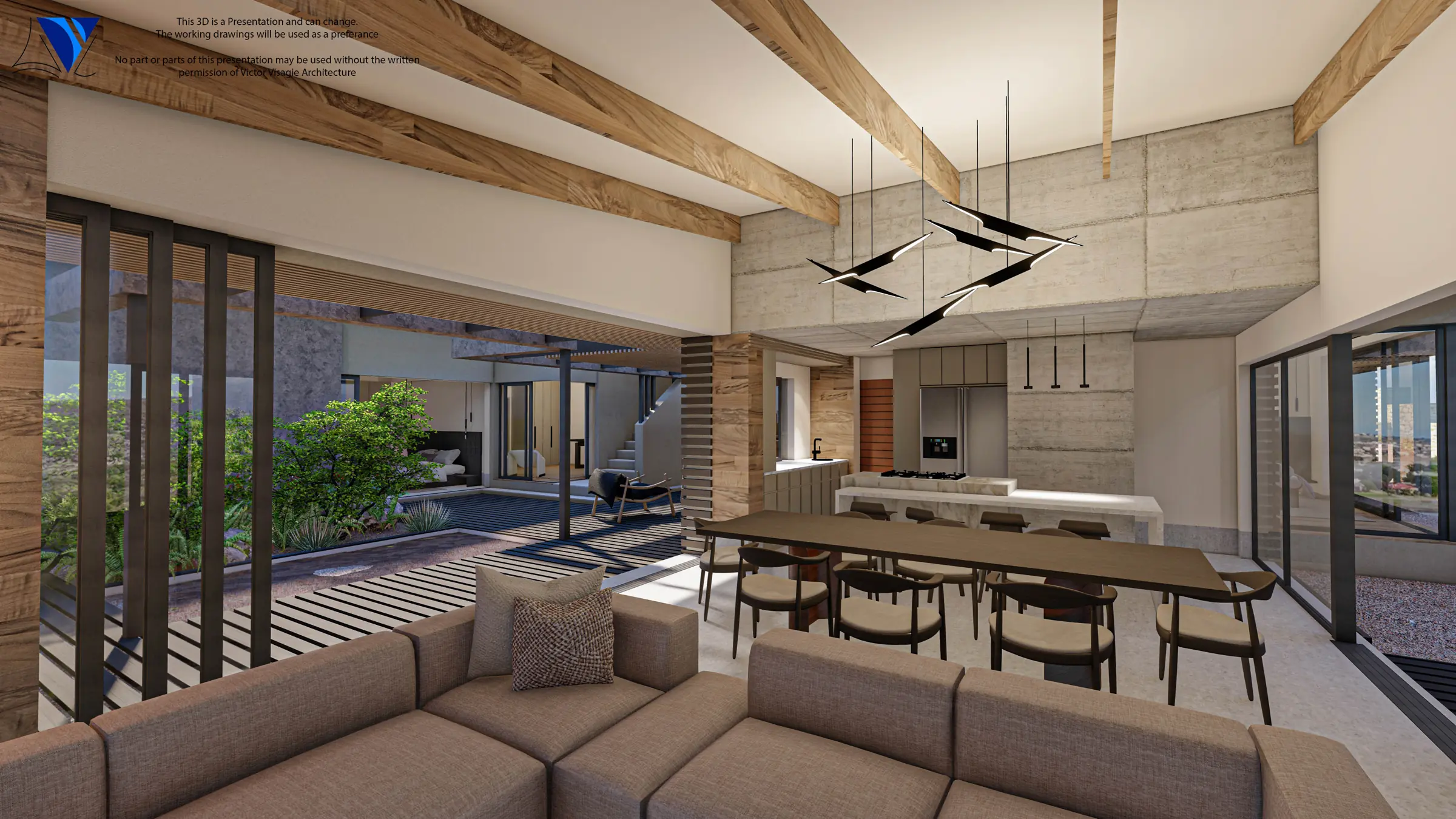 Open-plan living and dining room with exposed timber beams at Huis VPD