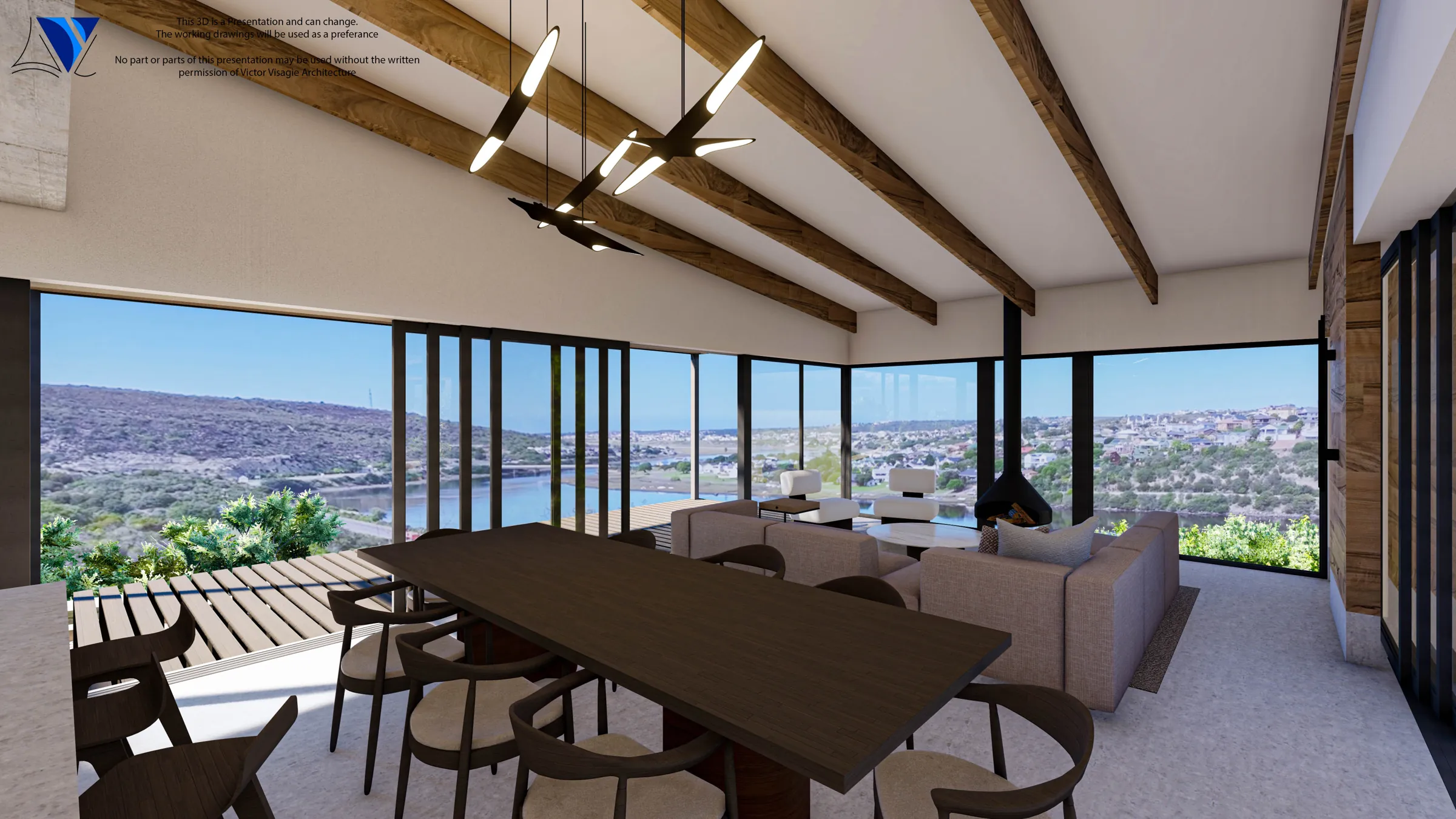 Dining room with floor-to-ceiling windows overlooking the bay at Huis VPD