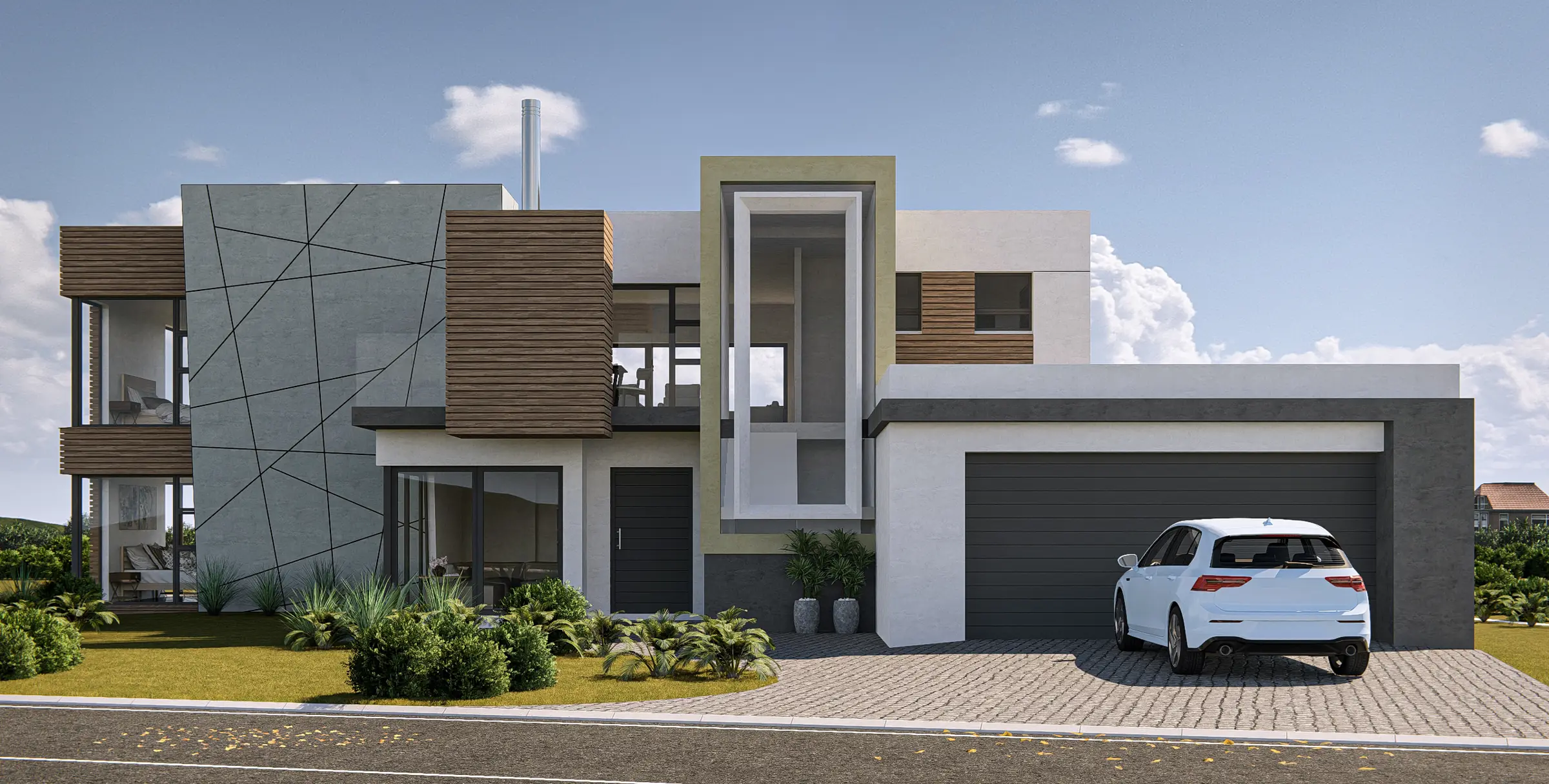 Huis Vrey II, a contemporary home with a geometric clad facade and double garage