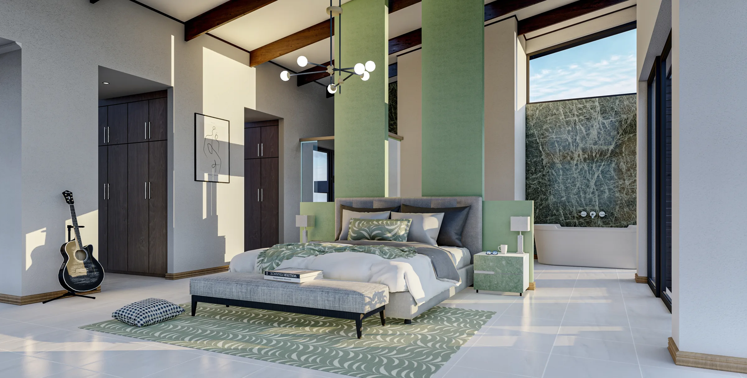 Main bedroom with a green feature wall and a timber-beamed ceiling